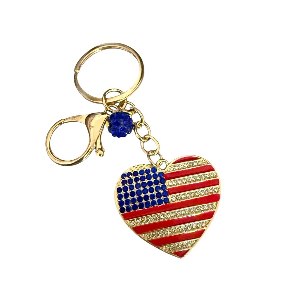Patriotic American Heart Keychain in Gold Tone